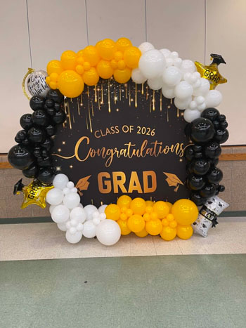 Corrales Designs Class of 2026 graduation halo balloon arch