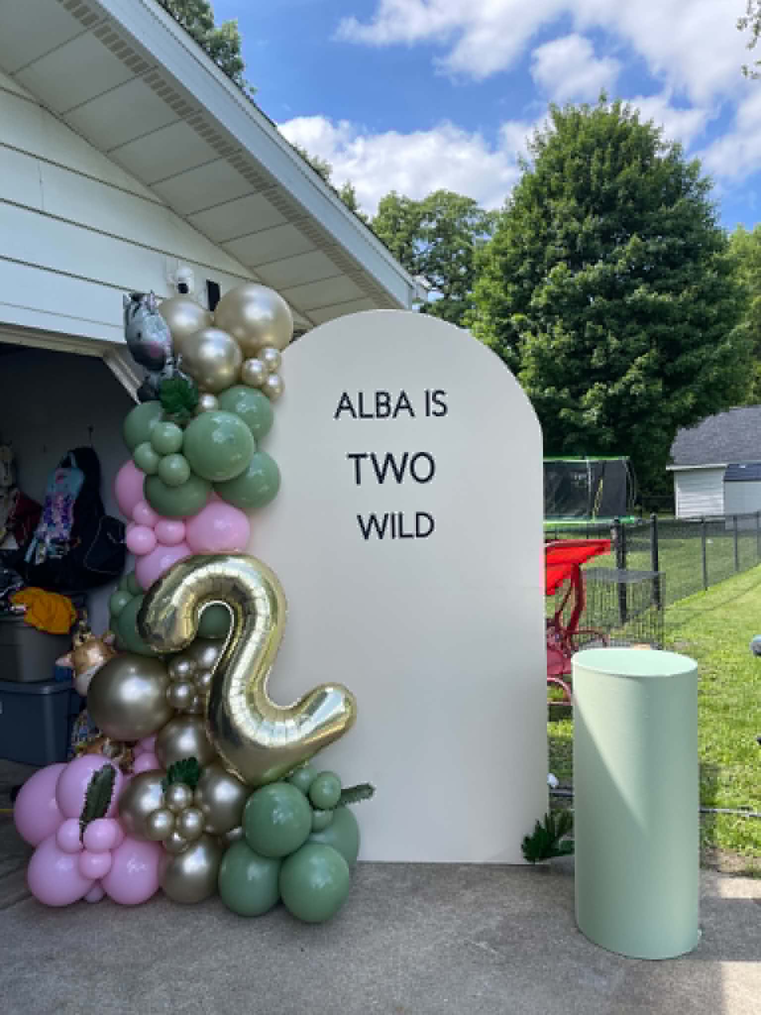 Corrales Designs Alba Two Wild safari birthday balloon display with eucalyptus green, soft pink, and metallic gold balloons