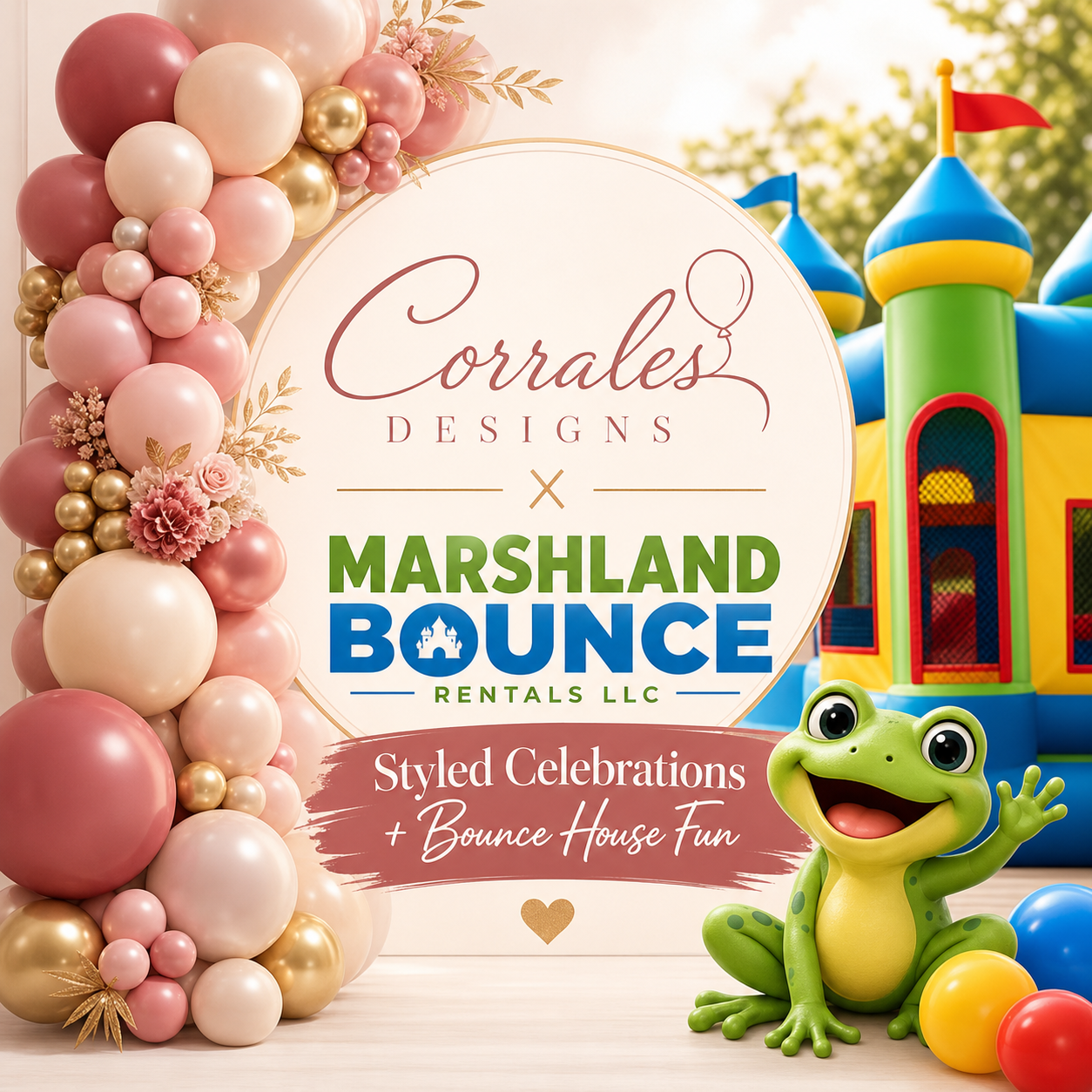 Corrales Designs and Marshland Bounce collaboration graphic with balloons and bounce house