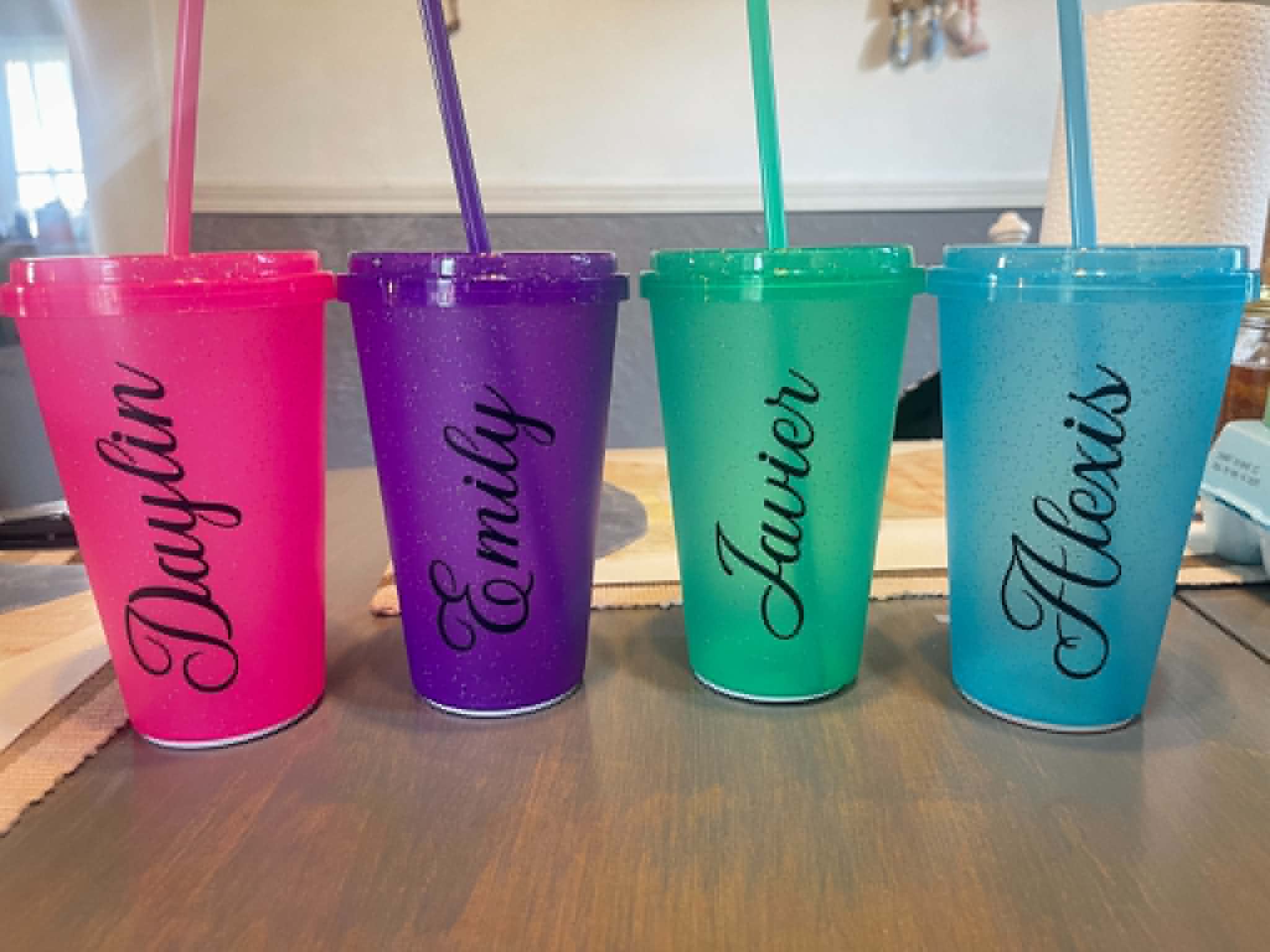 Corrales Designs custom LED light-up party cups with personalized vinyl names